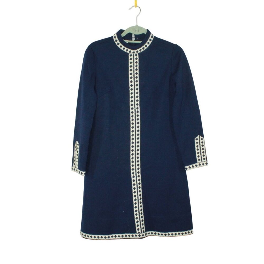 Vintage R&K Knits Womens Navy Blue Embroidered High Neck Dress Dark Academia Mod - Picture 1 of 12